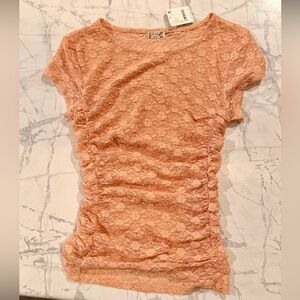 Free People Boho Peach Floral Lace Ruched Fitted Top Romantic Cottagecore NWT